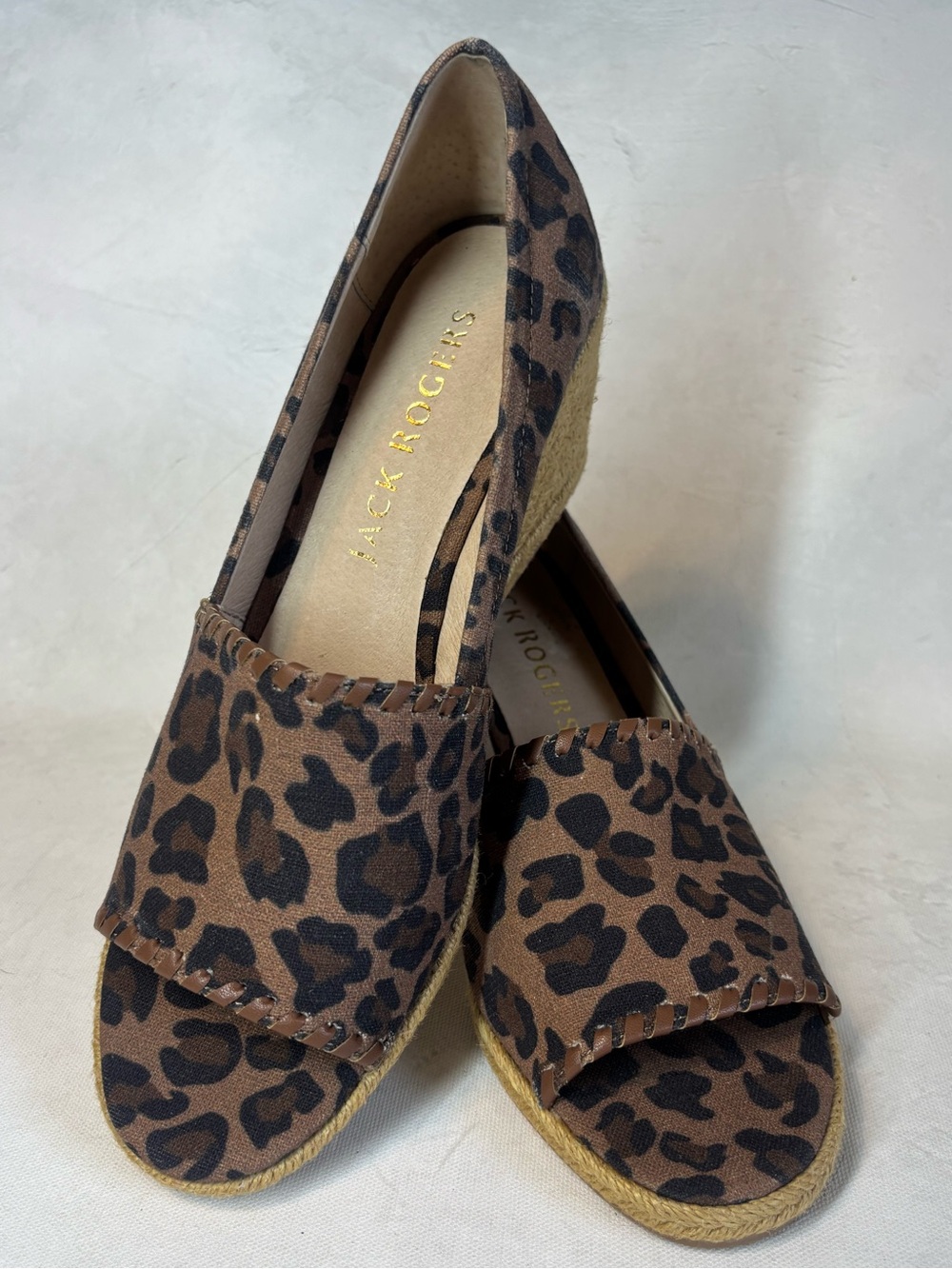 Jack Rogers Brown Leopard Espadrille Wedge Peep Toe Shoes, size 8